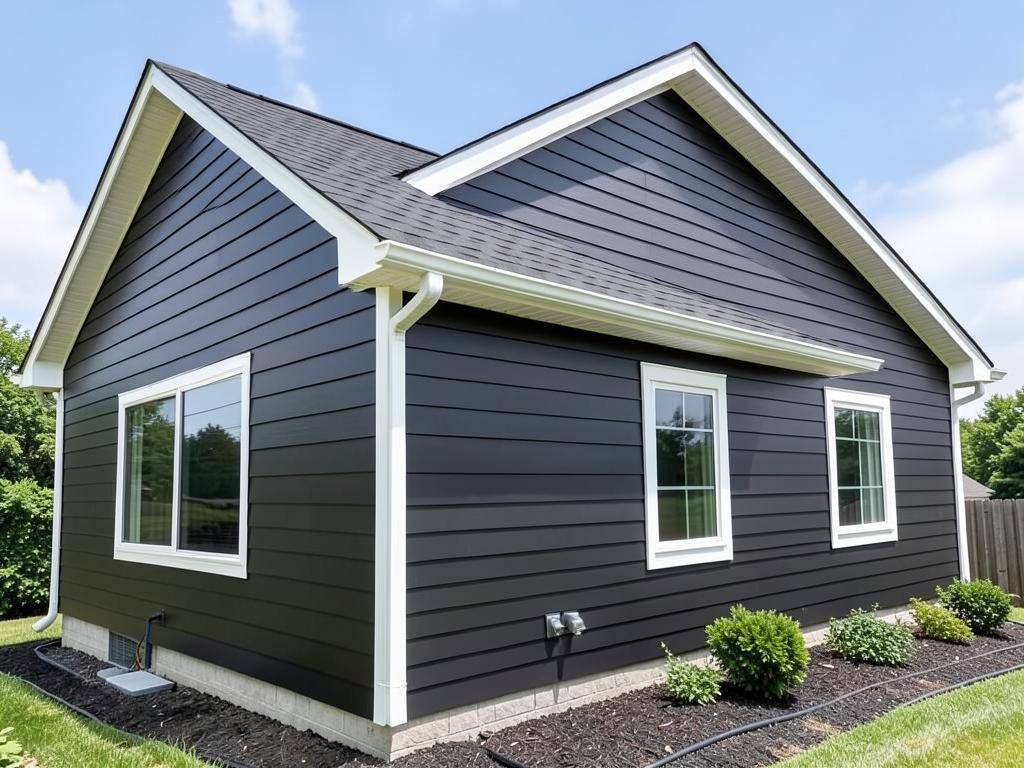 Home with freshly installed dark siding and white trim
